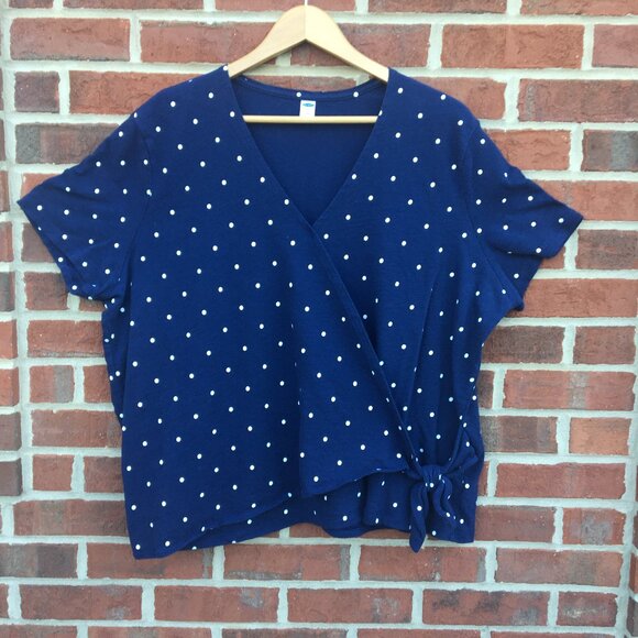 Old Navy Top Womens XXL Navy Polka Dot Faux Wrap Nautical Coastal Preppy - Picture 1 of 8